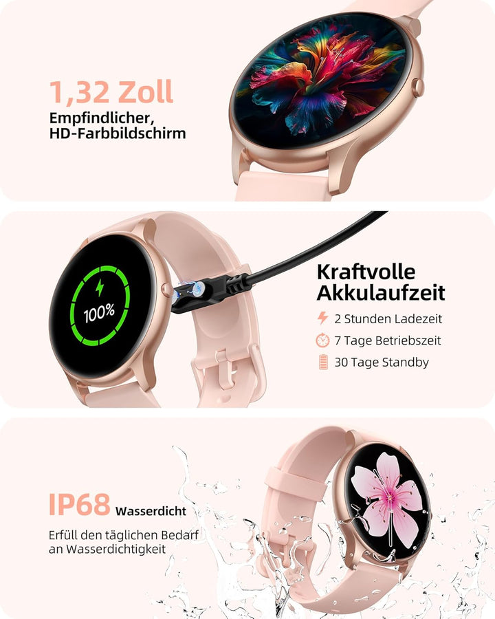 Parsonver Smartwatch Damen mit Telefonfunktion, Fitness-Tracker mit Herzfrequenz Schlafmonitor, 1.32