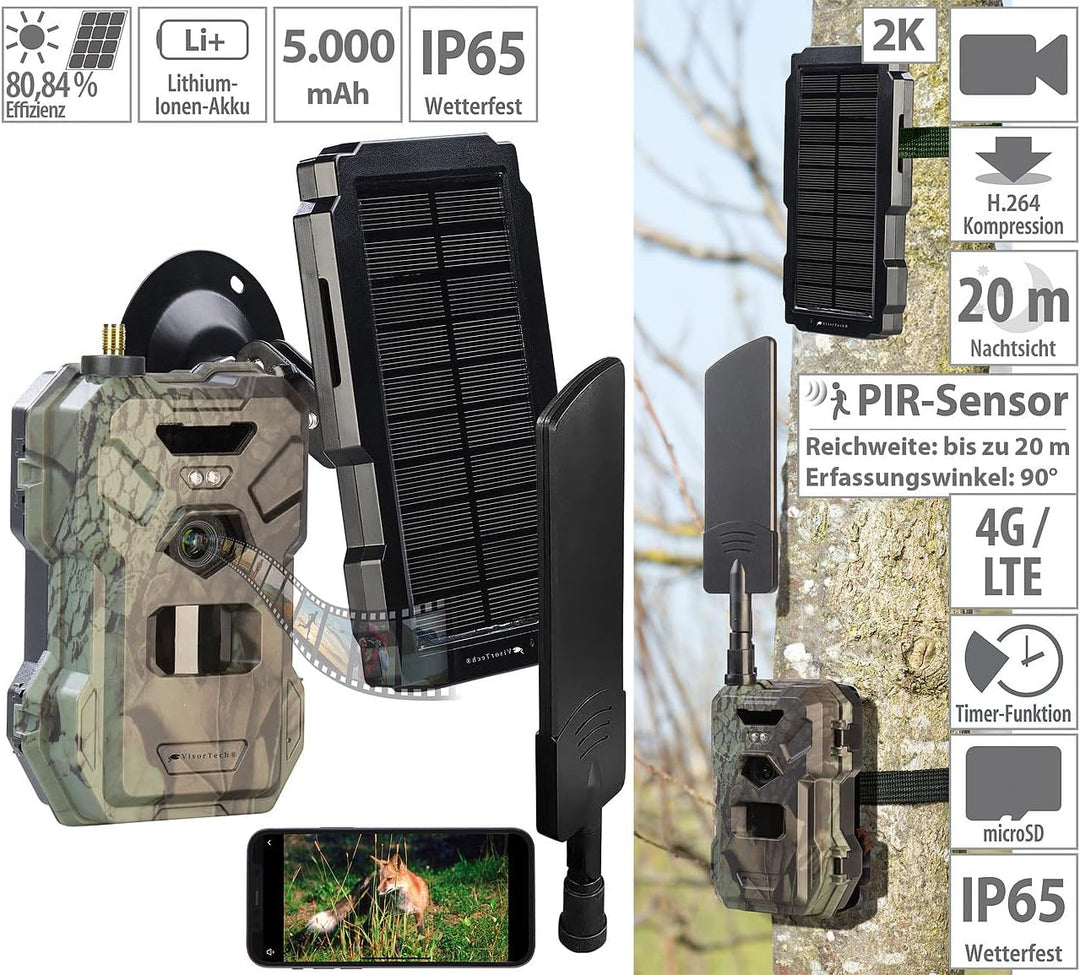 VisorTech 4G-Solar-Wildkamera: 4G/LTE-Akku-Wildkamera mit 2K-Auflösung und Akku-Solarpanel, 5.000 mA