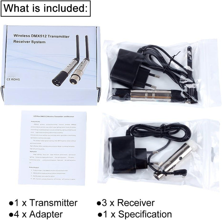 CHINLY 4pcs DMX512 2,4G ISM Kabelloser XLR-Sender/Empfänger männlich/weiblich LED-Lichtsteuerung Kur