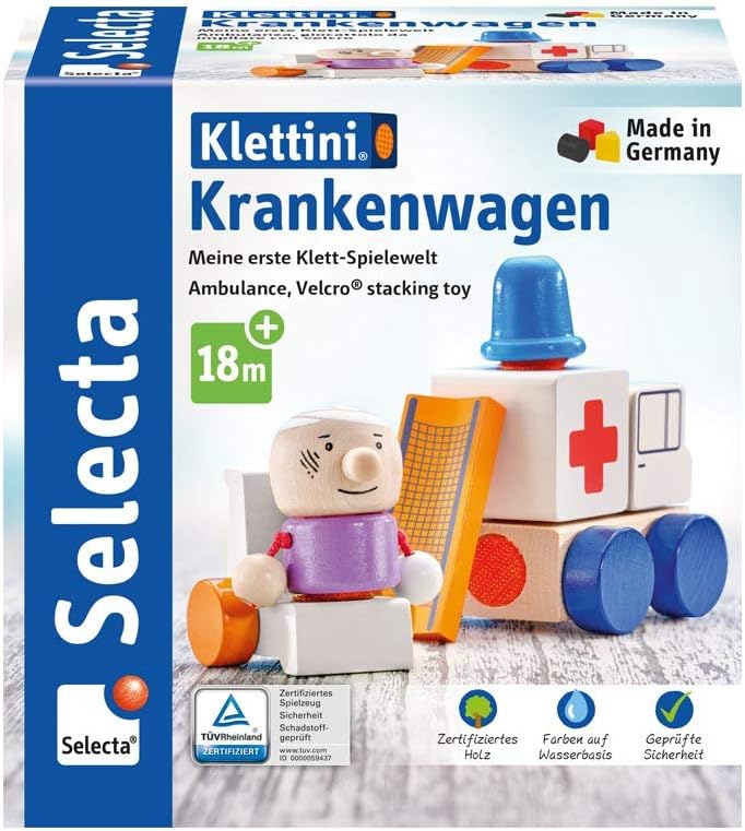 Selecta 62081 Krankenwagen, Flieger, Klett-Stapelspielzeug aus Holz, 7 Teile, Krankenwagen