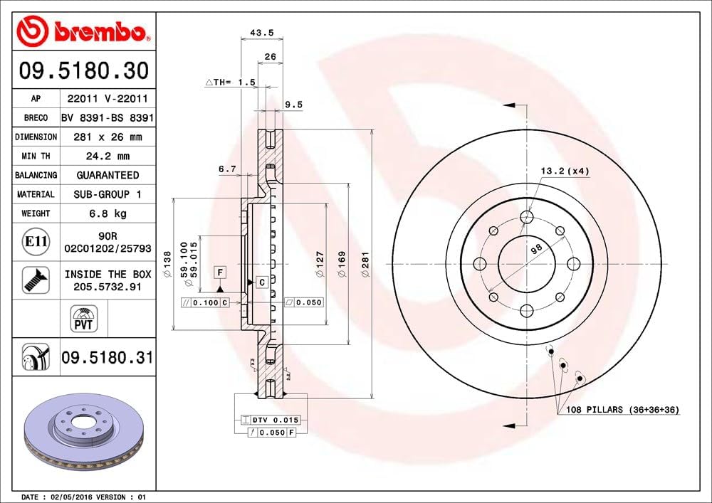 Brembo 09.5180.31 COATED DISC LINE Bremsscheibe - Paar