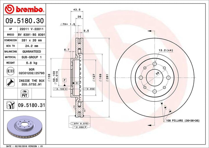 Brembo 09.5180.31 COATED DISC LINE Bremsscheibe - Paar
