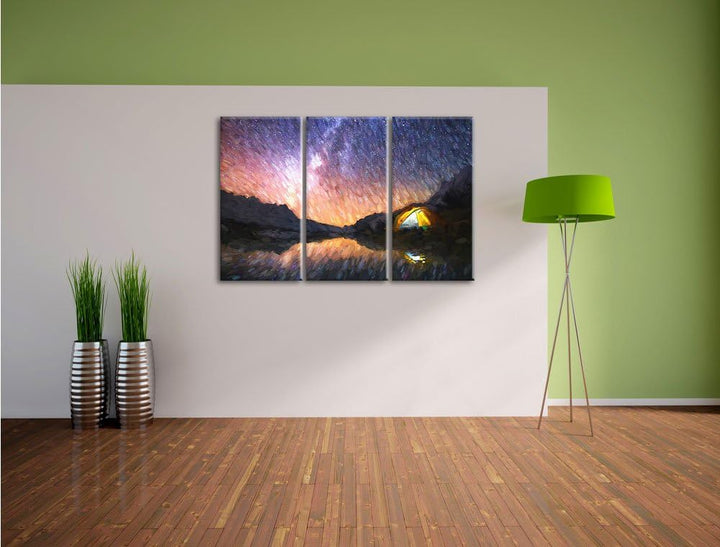 Pixxprint Zelten unter tausenden Sternen / 3-Teilig/Gesamtmass 120cm Leinwandbild bespannt auf Holzr