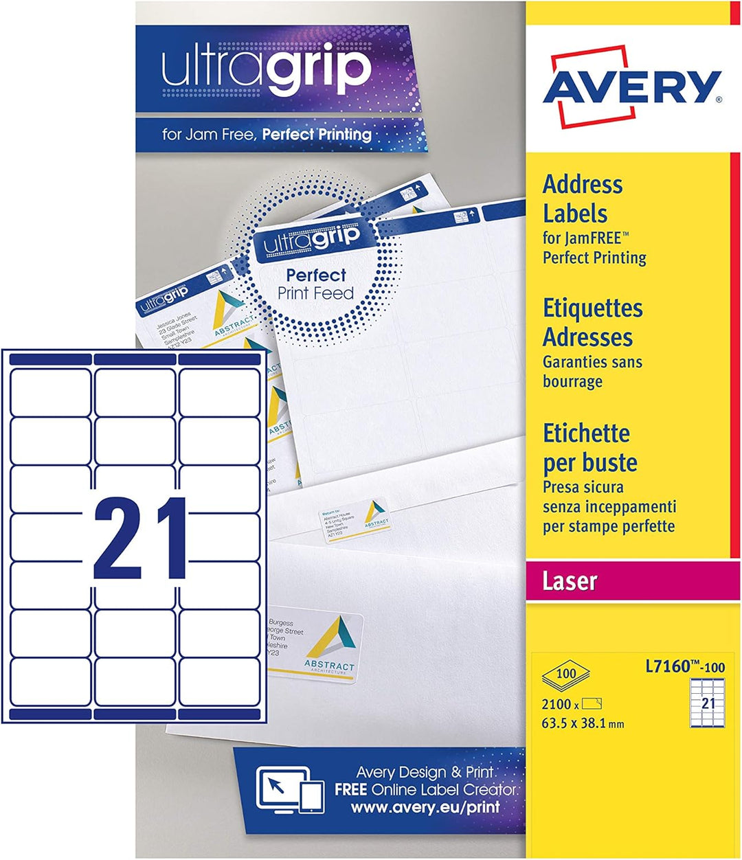 Adressetikett Avery Quickpeel 63.5x38.1 Weiss 100 Blatt 21 Etiketten pro Blatt