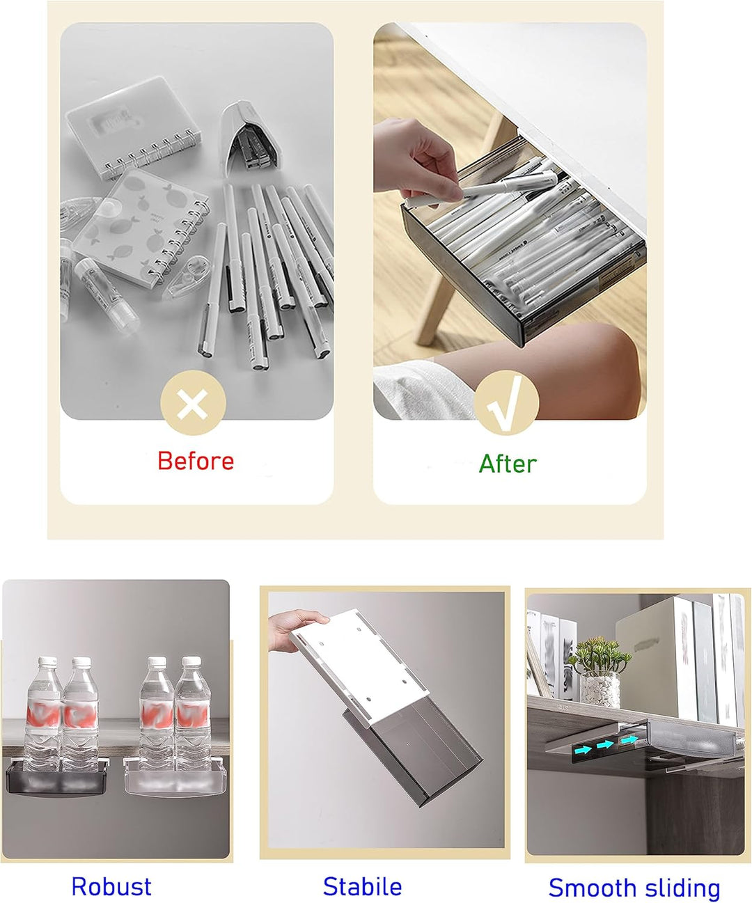 TUKA 2X 1,7L Unterschreibtisch-Schubladen 21x18x5,4cm, Selbstklebende Schubladen, Versteckte Unterba