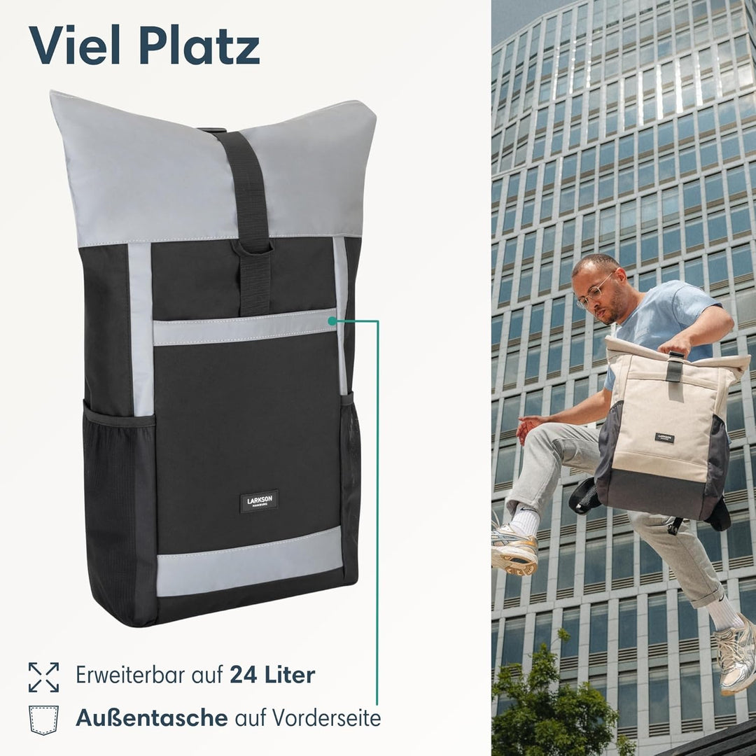 LARKSON Rolltop Rucksack Damen Gross Schwarz Reflektierend - No 2 - Daypack für Schule, Uni, Fahrrad