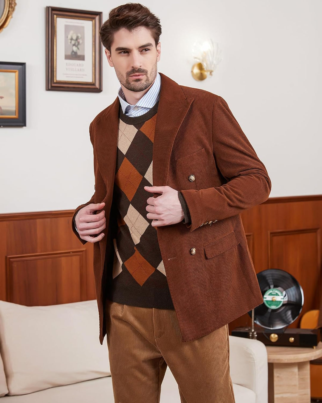 Kallspin Herren Wollmischung Strickpullover Argyle Rundhalsausschnitt Pullover Sweater S Braun, S Br