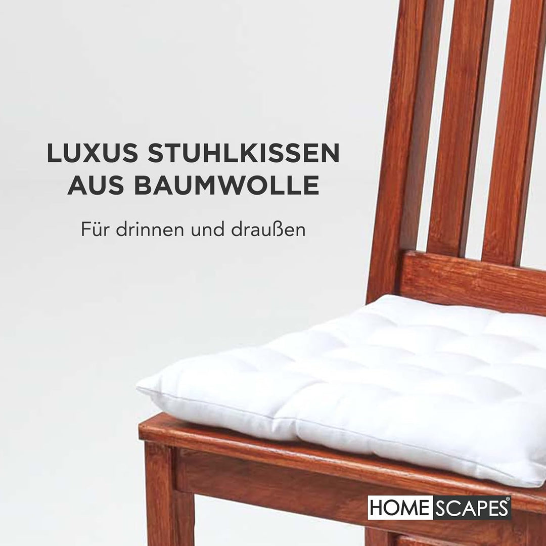 HOMESCAPES 4er Set Stuhlkissen 40 x 40 cm, weiss, Sitzkissen mit Bändern und Knopfverschluss, einfar