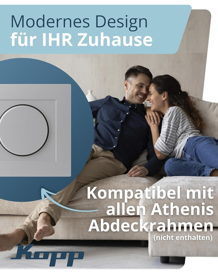 Kopp Athenis Stahl, Druck-Wechsel-Schalter, Kombigerät, LED-Dimmer, für Glüh-Lampen, 230V Halogenlam