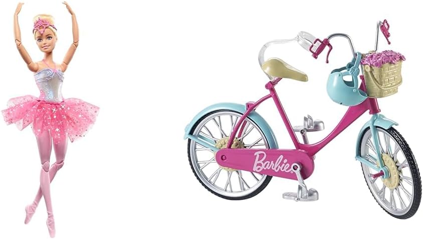 Barbie Dreamtopia Ballerina Puppe, Twinkle Lights Ballerina & Fahrrad, Fahrrad mit Blumenkorb, beweg