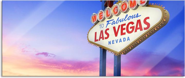 Glasbild Panorama | Wandbild aus Echtglas | Las Vegas Schild in der Dämmerung | 100x40 cm | inkl. Au