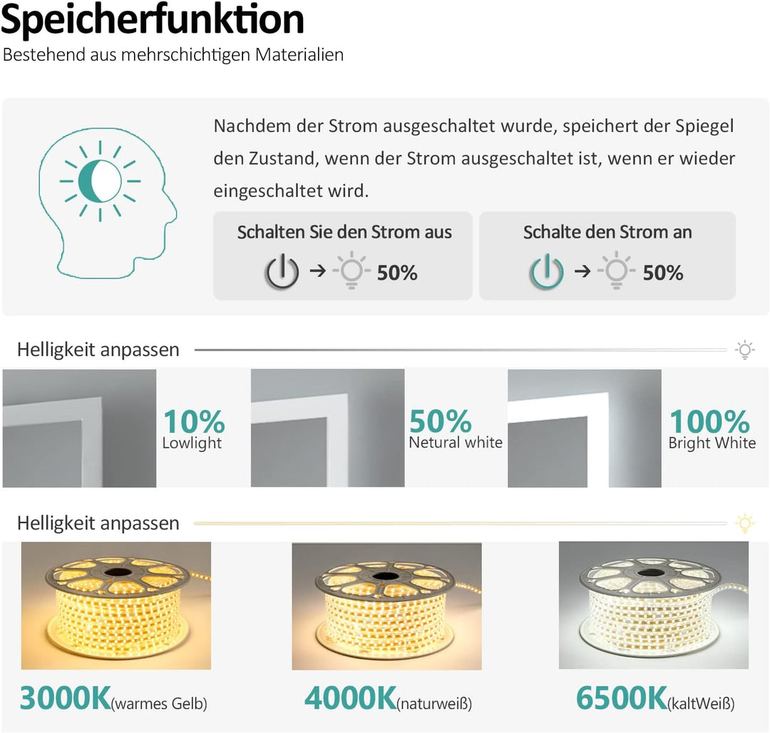 EMKE Badspiegel mit Beleuchtung 80x60cm Badezimmerspiegel mit Touch, 3 Lichtfarbe dimmbar, Antibesch
