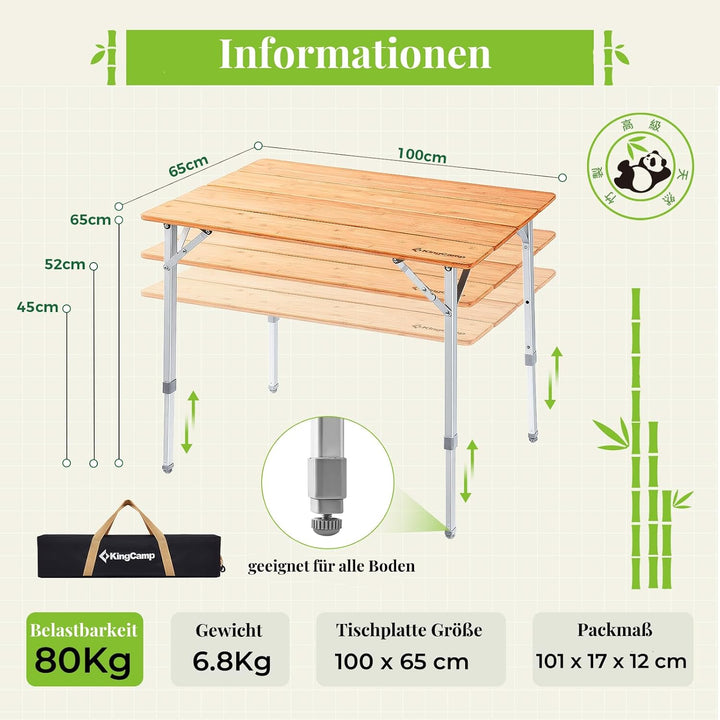 KingCamp Falten Bambus Campingtisch Klapptisch Verstellbare Höhe Aluminiumrahmen für Outdoor Camping