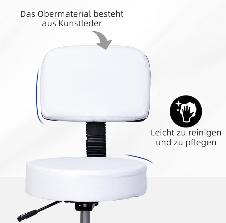 HOMCOM Arbeitshocker Rollhocker Drehhocker höhenverstellbar mit Lehne Büro Weiss Φ35 x H72-84 cm, We