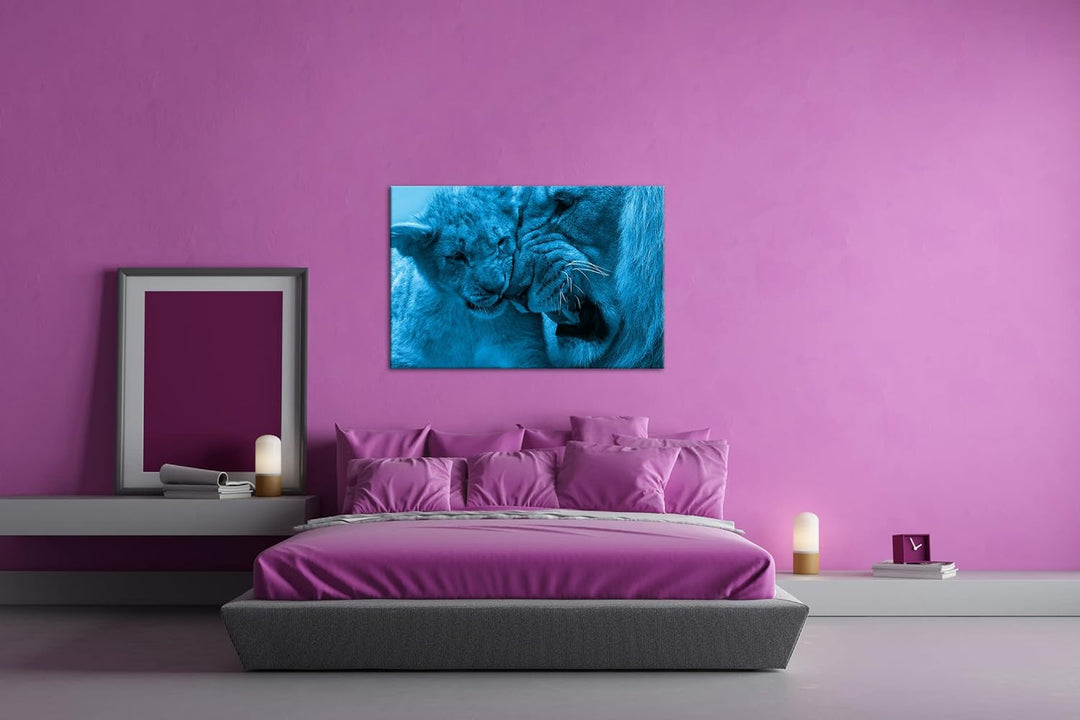 deyoli wilde Löwen Format 80x60 Effekt: Monocrome Blau als Leinwandbild, Motiv fertig gerahmt auf Ec