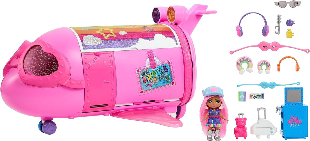 BARBIE Extra Fly - Luxuriöses pinkes Flugzeug mit Mini Puppe und 15 Zubehörteilen, herzförmigen Fens