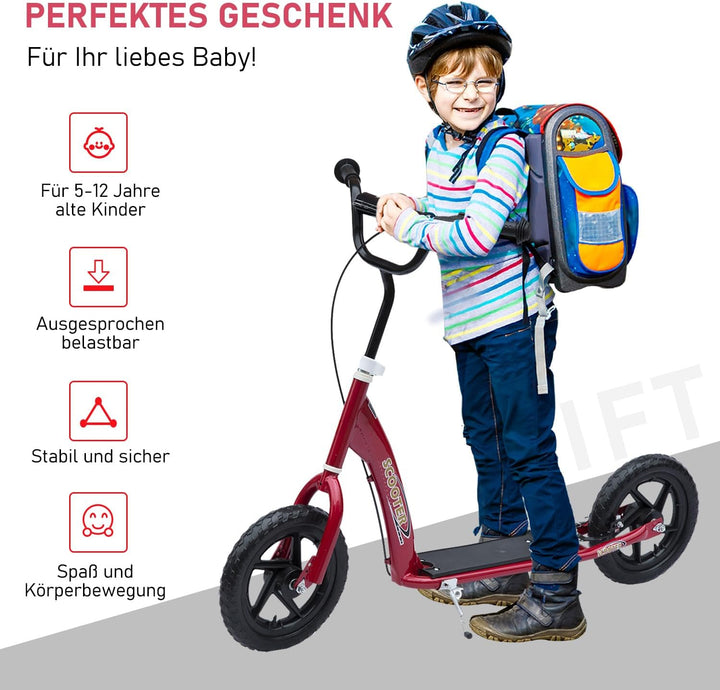 HOMCOM Kinderroller mit Hinterbremse Kickscooter 12 Zoll Tretroller Roller Scooter Cityroller für Ki