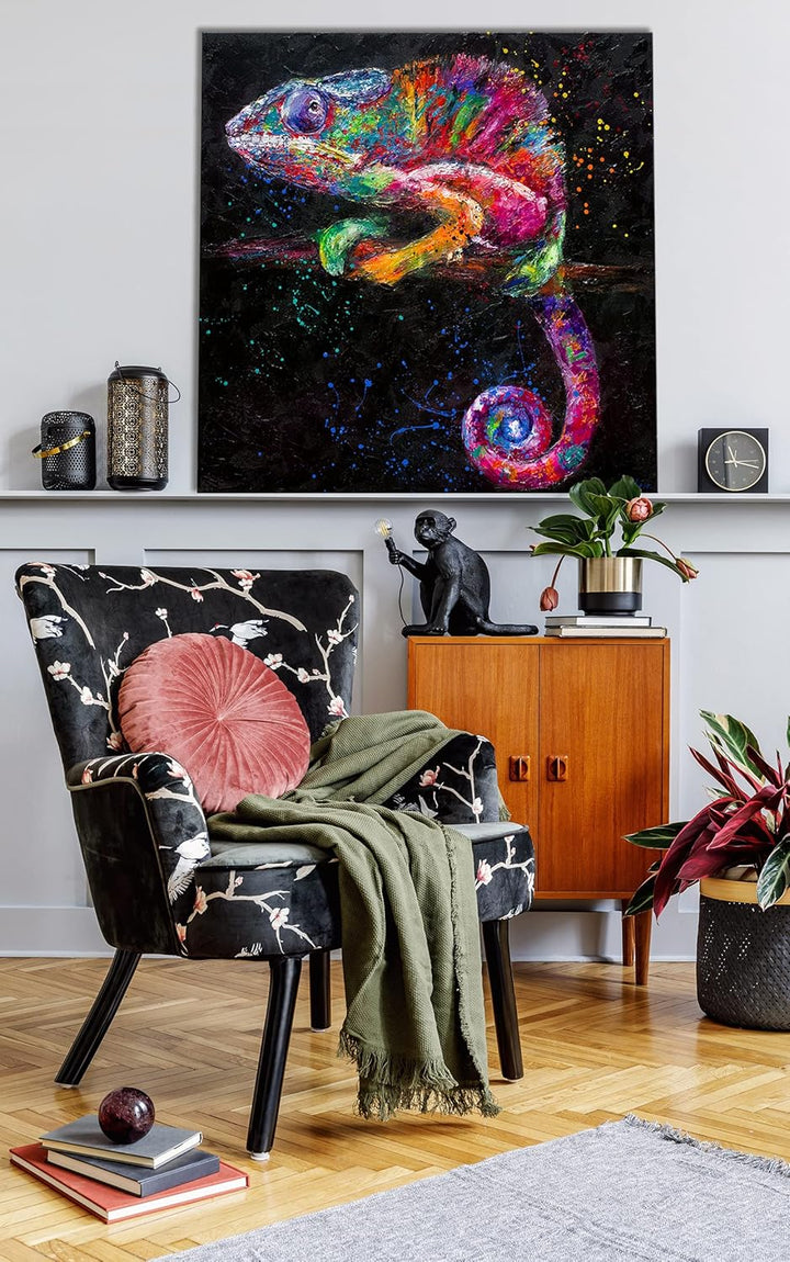 YS-Art XXL Abstrakt Acryl Gemälde auf Leinwand Chamäleon handgemalt Wandbilder bunt Pop Art Farbenfr