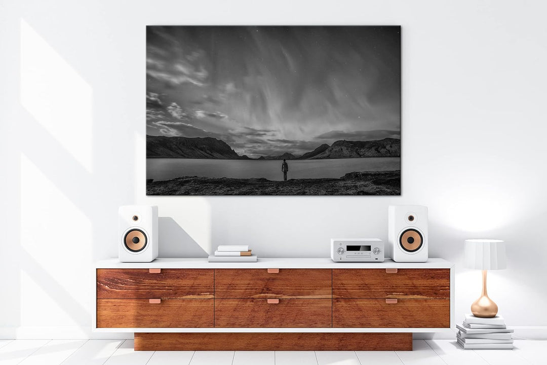 deyoli mystische Nordlichter am Abendhimmel Effekt: Schwarz&Weiss, Format: 80x60 als Leinwandbild, M