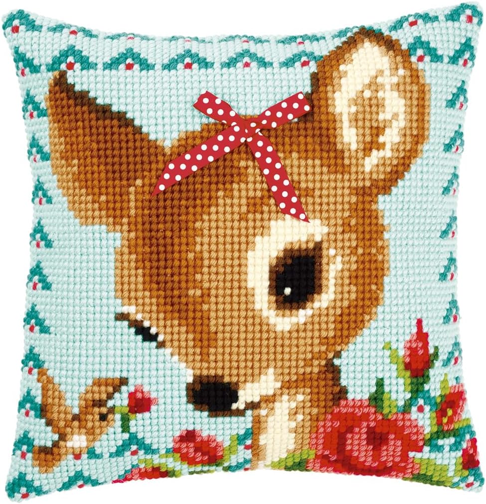 Vervaco Bambi mit Schleife Kreuzstichkissen/Stickkissen vorgedruckt, Baumwolle, Mehrfarbig, 40 x 40
