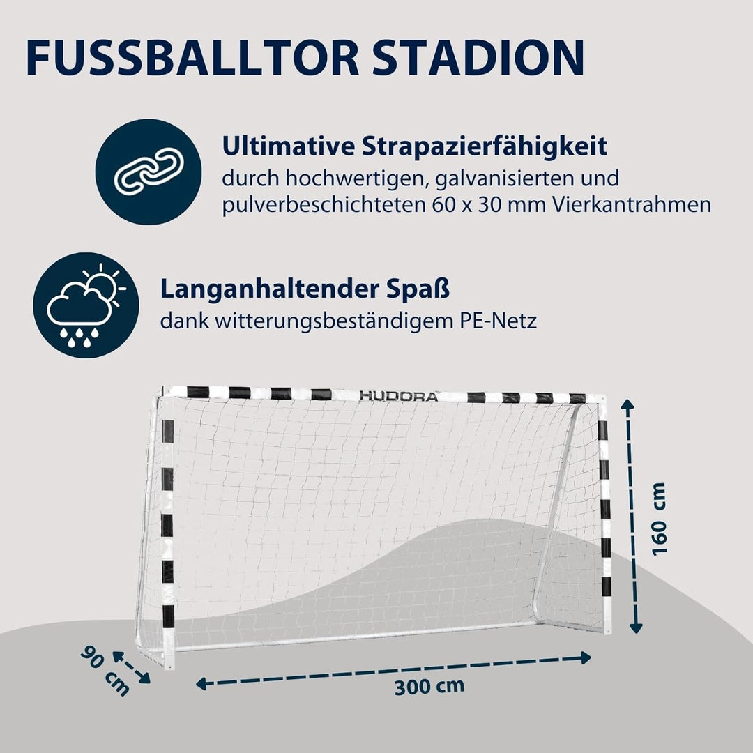 HUDORA Fussballtor Stadion - Tor für Kinder und Erwachsene - Fussball Tor 300 x 160 x 90 cm für Gart