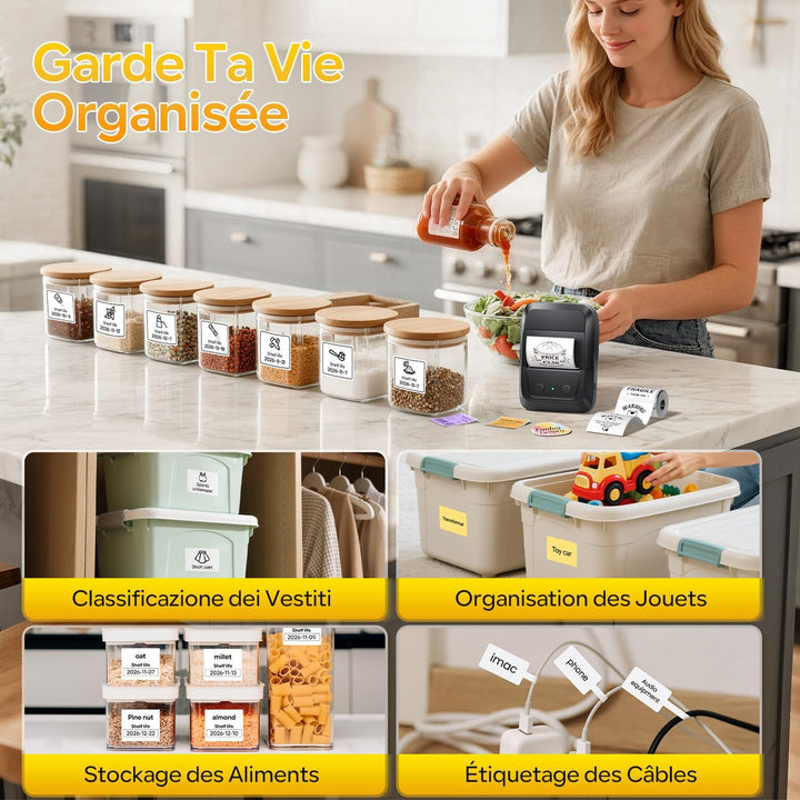 Memoking Etikettendrucker Selbstklebend, Bluetooth Label Printer mit 2000 Symbolen und 300 Vorlagen,