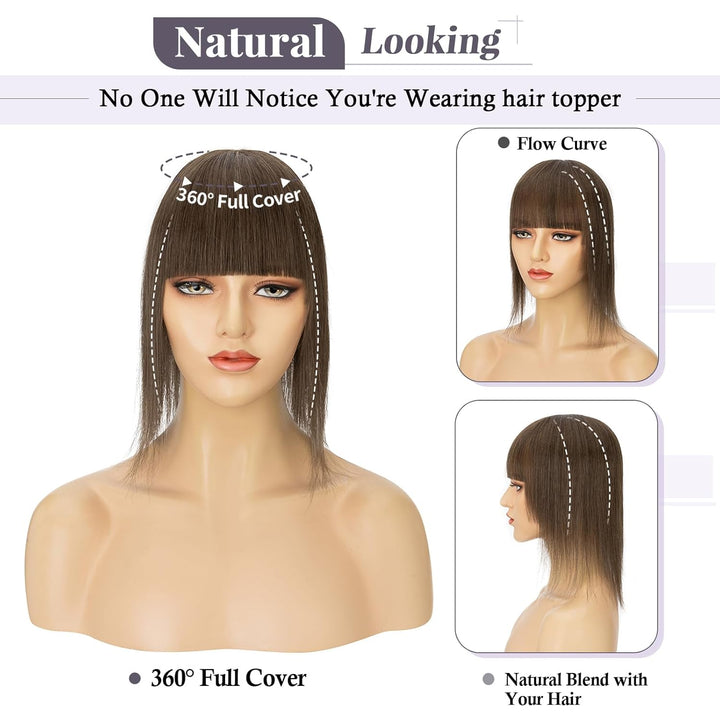 TESS Hair Topper Echthaar Braun, 7x13cm Basis Toupet Damen #2 Dunkelbraun mit Pony Haartopper Echtha