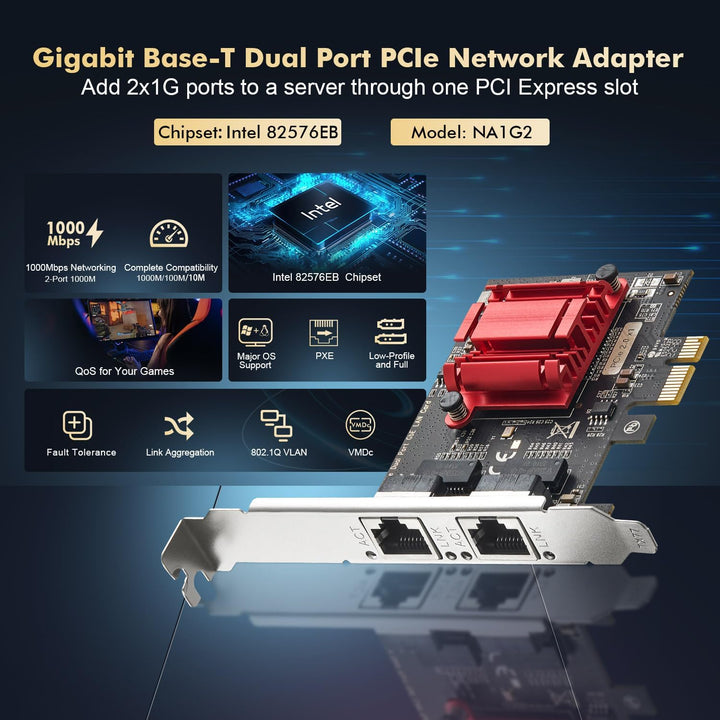 Binardat 2 Port Gigabit PCIe Netzwerk Adapter, Intel 82575/82576 Controller 1000/100Mbps Ethernet LA