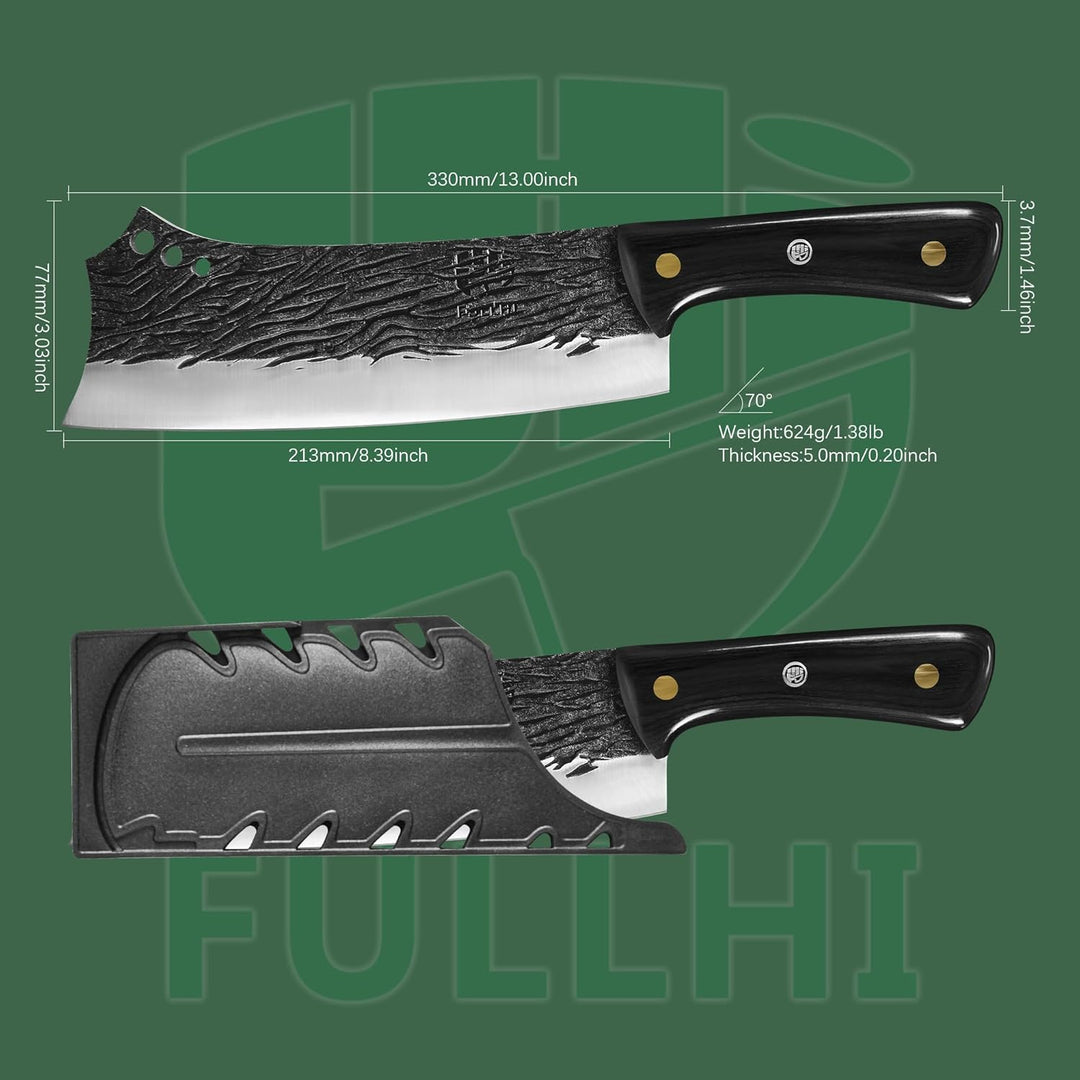 FULLHI Butcher Knife Hand geschmiedet schwere Fleischbeil Kochmesser mit Scheiden schwarz High Carbo