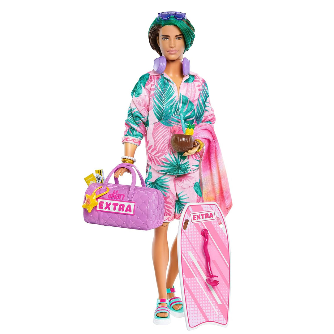 Barbie Extra Fly - Ken Reisepuppe mit tropischem Outfit, Boogie Board, Seesack und Zubehör für kreat