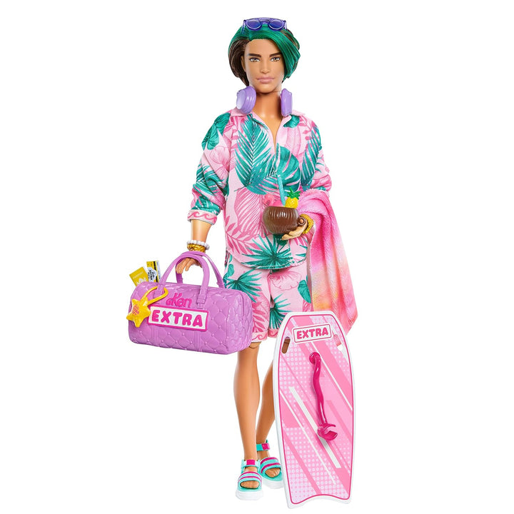 Barbie Extra Fly - Ken Reisepuppe mit tropischem Outfit, Boogie Board, Seesack und Zubehör für kreat