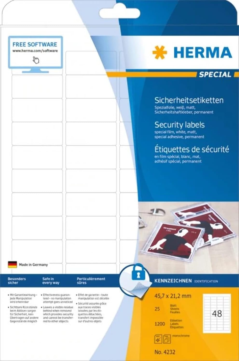 HERMA 4232 Sicherheitsetiketten gegen Manipulation, 25 Blatt, 45,7 x 21,2 mm, 48 Stück pro A4 Bogen,