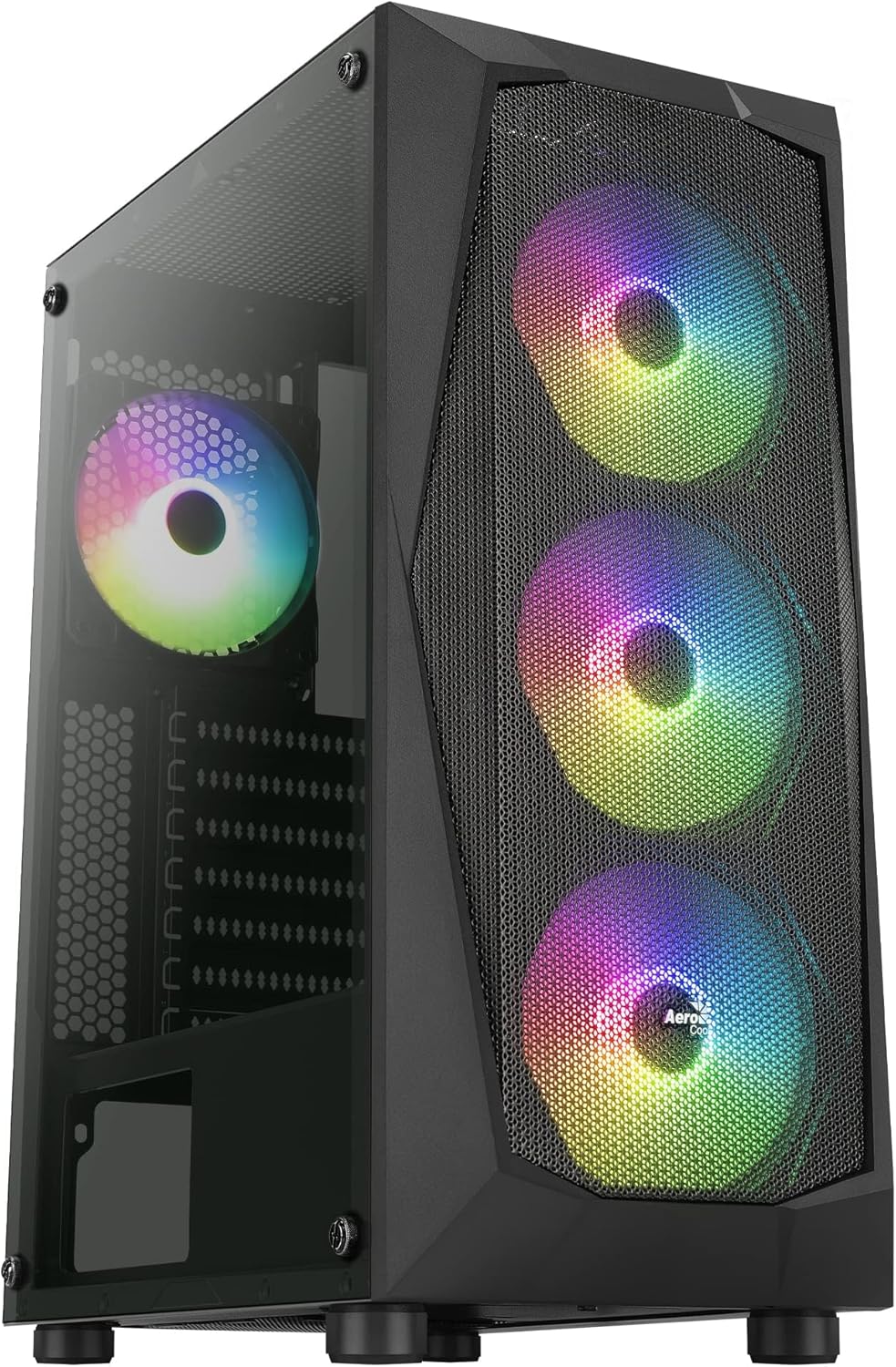 Aerocool FALCONV2BK, PC ATX Gehäuse, Front Mesh, Gehärtetes Glas, 4 ARGB 12cm Lüfter, Schwarz Schwar