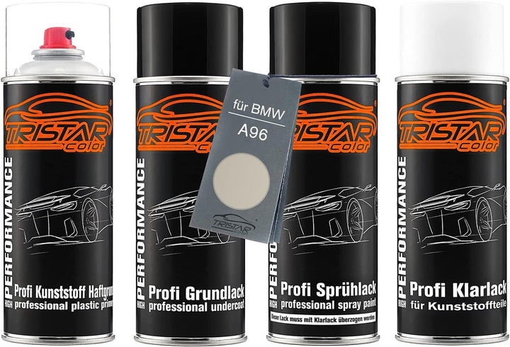 TRISTARcolor Autolack Spraydosen Set für Kunststoff Stossstange für BMW A96 Mineralweiss Perl Haftgr