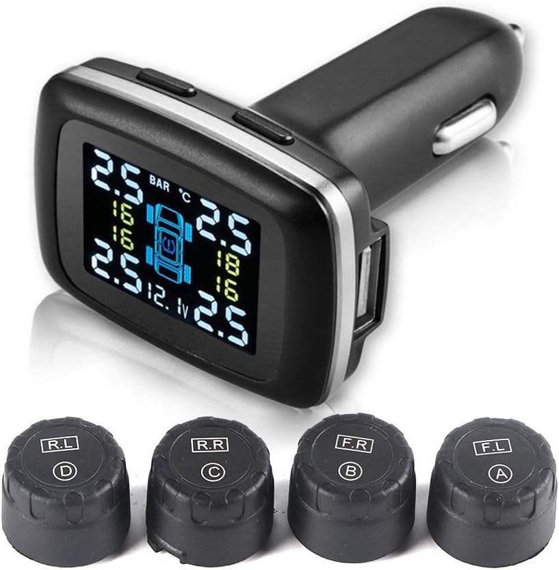 Terisass TPMS DC 12V Auto 433,92 MHz Reifendruckkontrollsystem Zigarettenanzünder-Display mit 4-TLG.