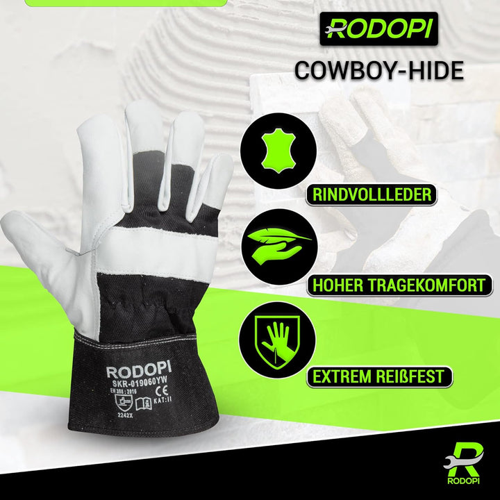 RODOPI Cowboy-Hide Arbeitshandschuhe Leder für Herren und Damen Bauhandschuhe Gr.8-11 Rindvollleder