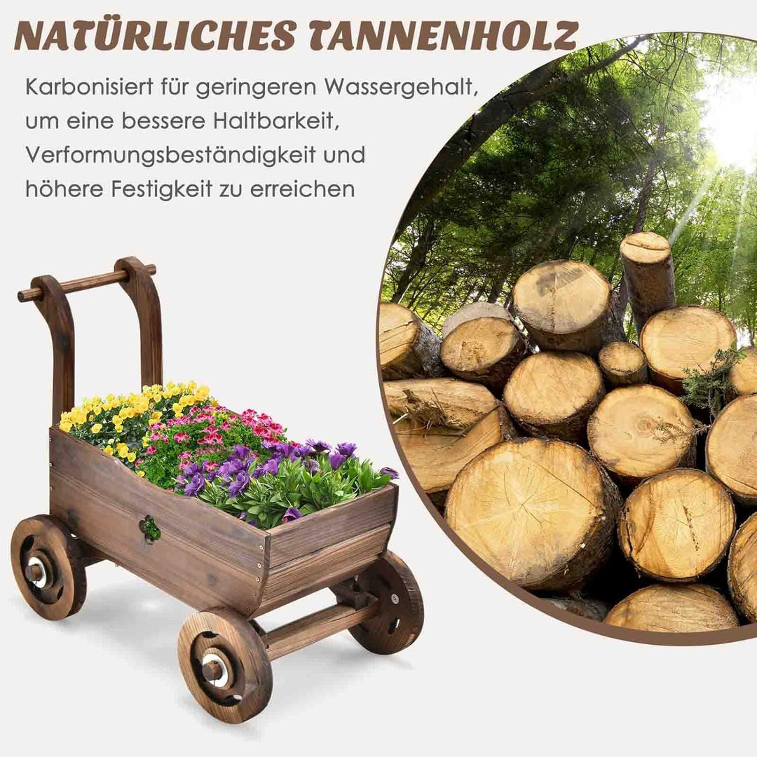 COSTWAY Blumenwagen Holz, Pflanzwagen mit Rädern und Griff, Pflanzkasten mit Abflussloch, Pflanztopf