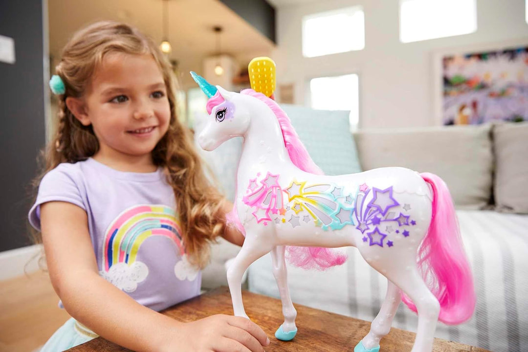 Barbie Einhorn, Dreamtopia Brush 'N Sparkle Unicorn, Barbie Zubehör mit magischer Bürste für 4 Licht