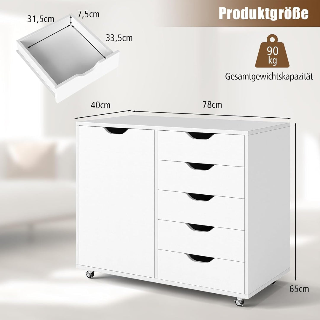 COSTWAY Rollcontainer mit 5 Schubladen, mobiler Aktenschrank mit Tür, Arbeitsplatte & Rollen, Rollwa