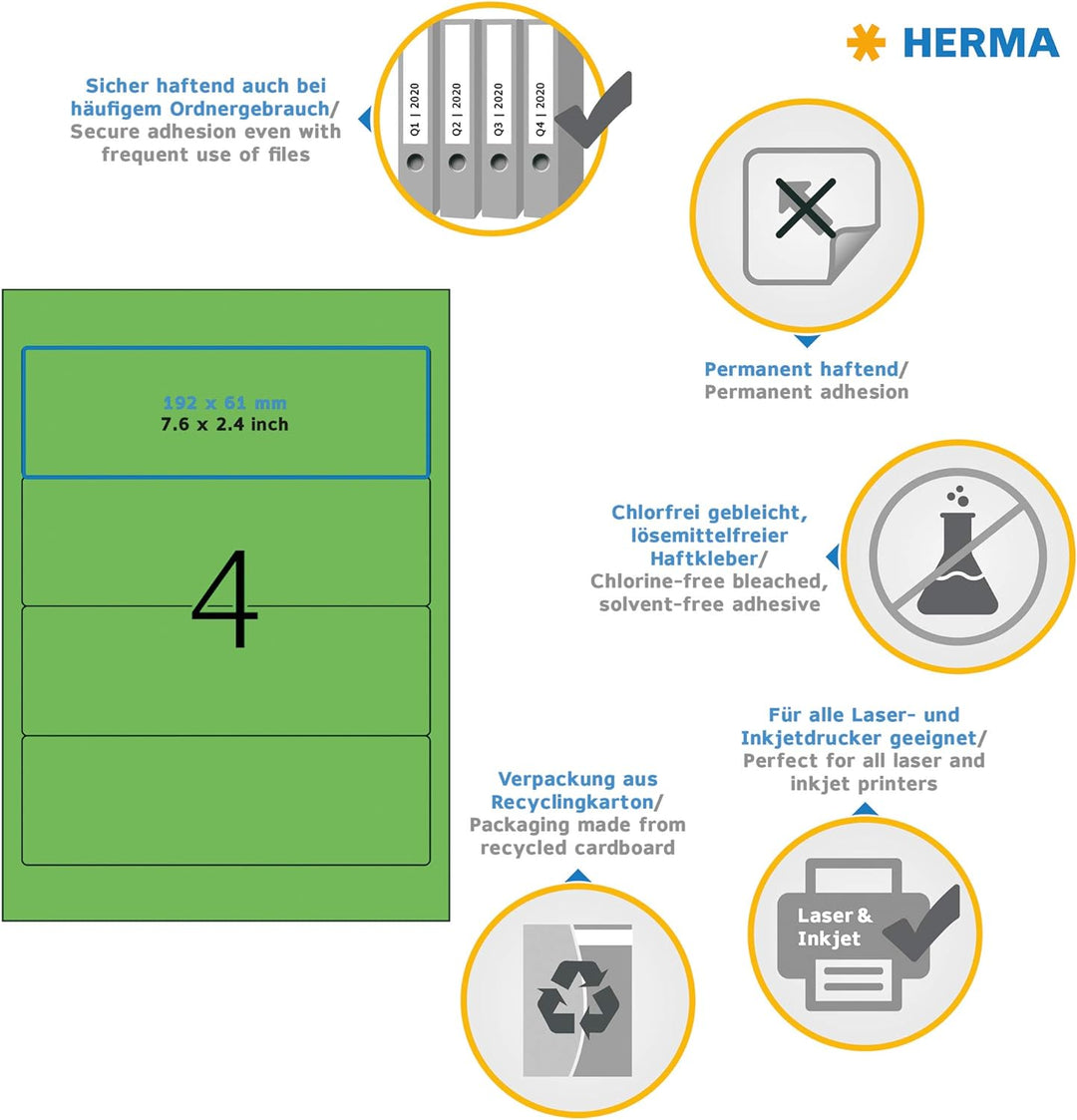 HERMA 4299 Ordnerrücken Etiketten kurz breit, 100 Blatt, 192 x 61 mm, 4 Stück pro A4 Bogen, 400 Ordn
