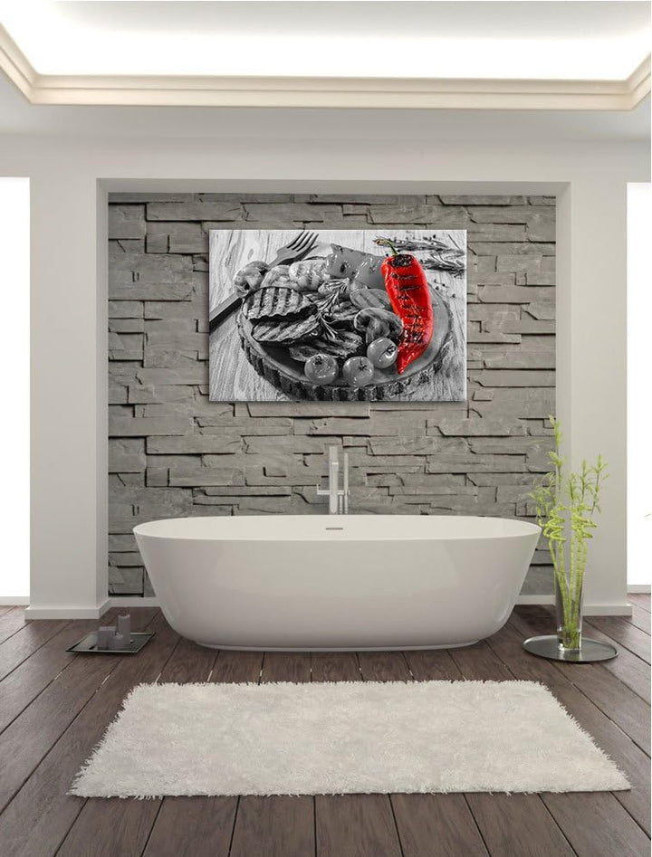 gegrilltes Gemüse auf Baumstammteller schwarz/weiss Format: 100x70 auf Leinwand, XXL riesige Bilder