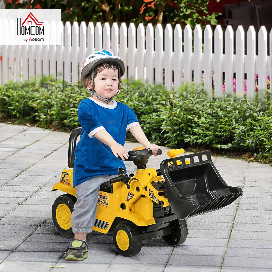 HOMCOM Sitzbagger mit eingebautem Ablagefach Kinder Rutschauto Traktor Kinderbagger mit Hupe Rutsche