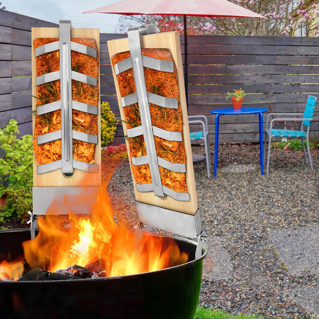 NAIZY Flammlachsbrett 2X Flammlachsbretter mit Edelstahl-Halterung Lachsbretter 5 Stufen Einstellbar