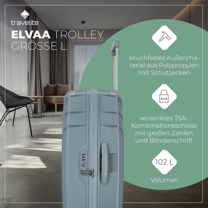 Travelite Hartschalenkoffer gross nachhaltig, 4 Rollen, ELVAA, Trolley mit recyceltem Innenfutter, T