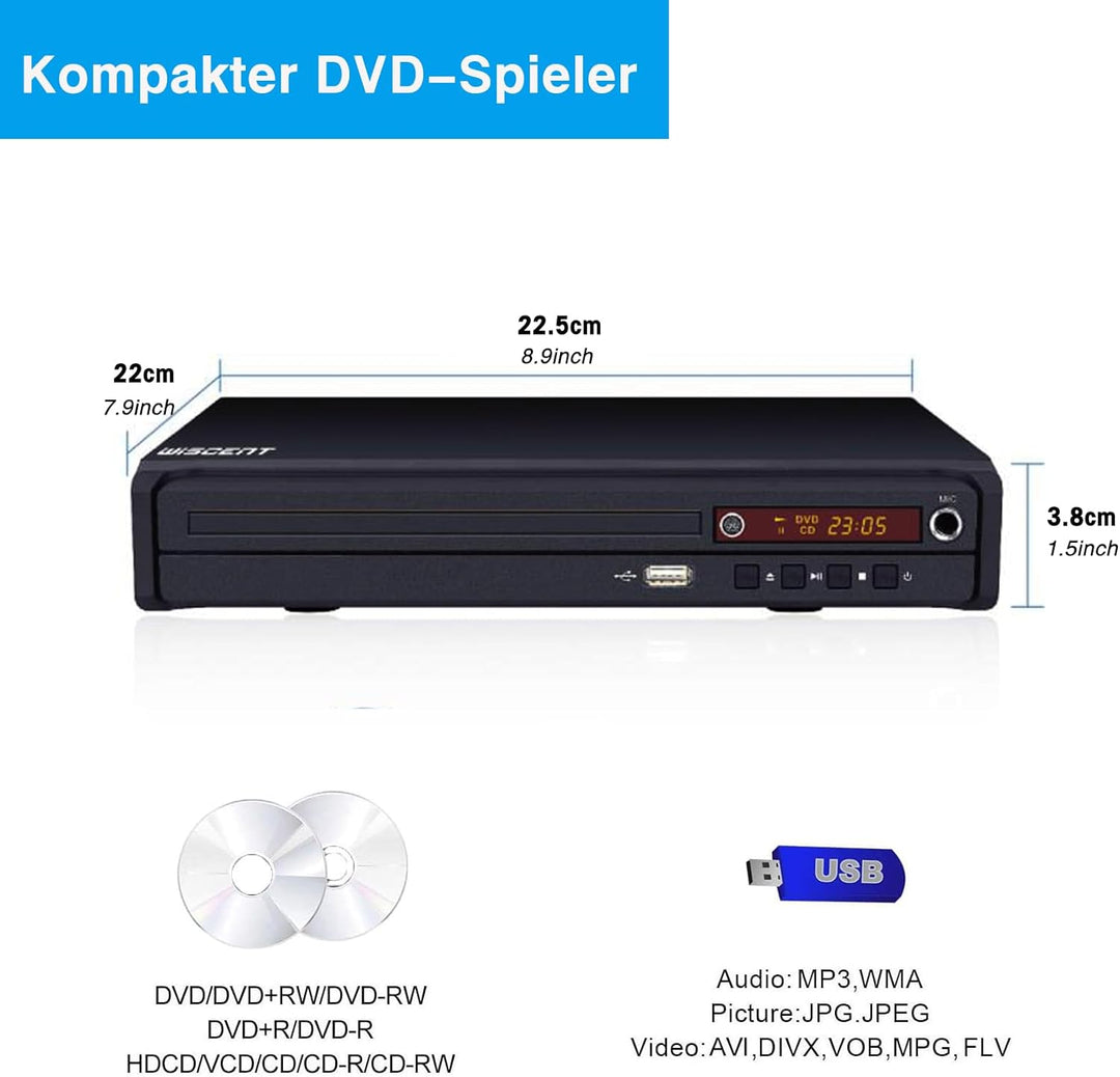 WISCENT DVD-Player für TV mit HDMI/AV/Koaxial Ausgang(HDMI Kabel enthaltenl),USB 2.0 Mediaplayer,All
