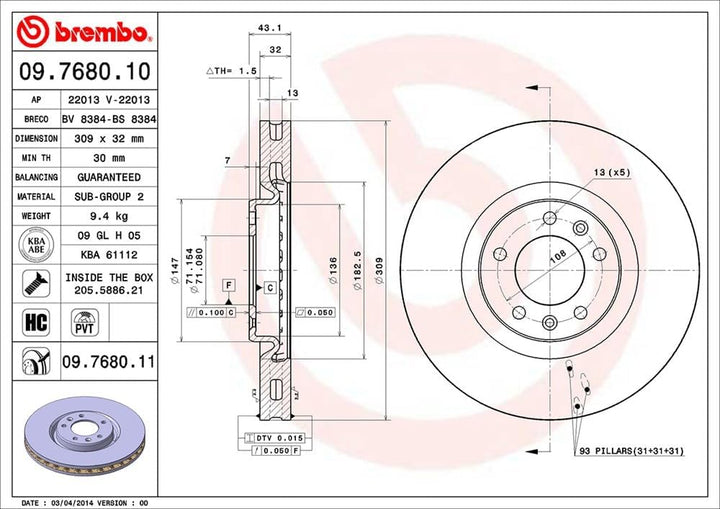 Brembo 09.7680.11 COATED DISC LINE Bremsscheibe - Paar