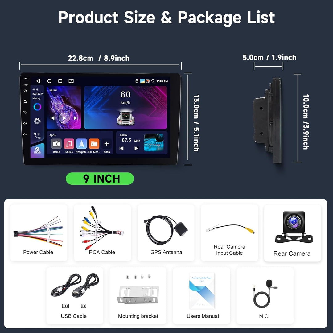 Hodozzy 4G+64G Doppel Din Android Autoradio mit Wireless Carplay und Android Auto,9 Zoll Touchscreen