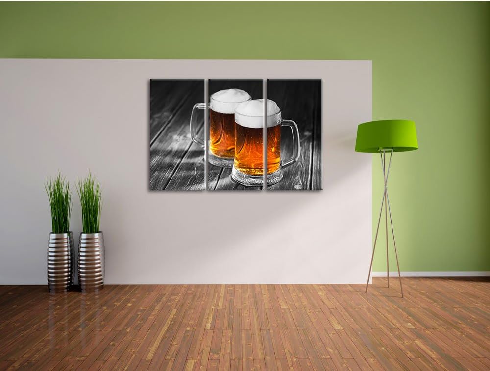 Pixxprint Zwei Masskrüge Bier als Leinwandbild | Grösse: 3 Teilig (120x80) | Wandbild| Kunstdruck |