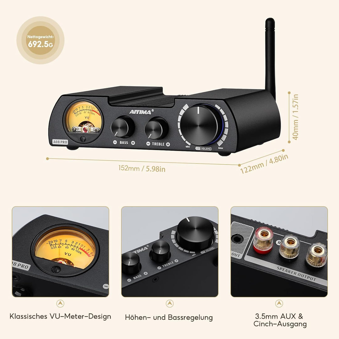 AIYIMA A08Pro Bluetooth 5.1 TPA3255 Mini-Leistungsverstärker 2.0/2.1-Kanal 300 W x 2 (4 Ohm) HiFi-St