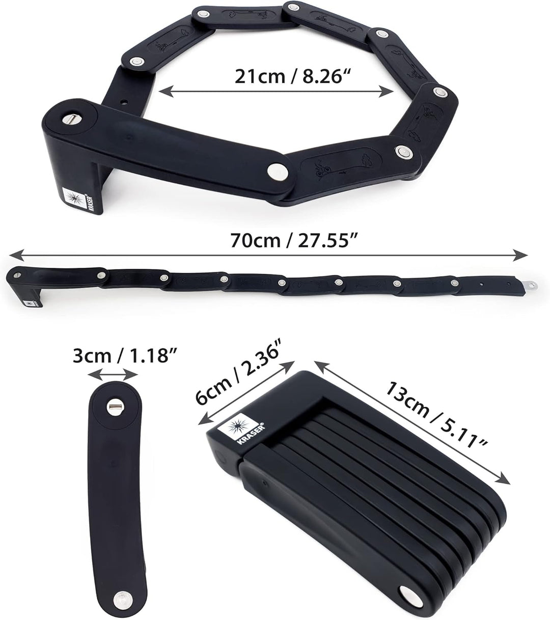 KRASER KR7022B Faltschloss Fahrrad, Fahrradschloss Faltbares aus gehärtetem Stahl, Universal 70cm +